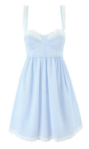 Women's Lace Spliced Spaghetti Straps Short Dress Backless High Waist A-Line Casual Dresses