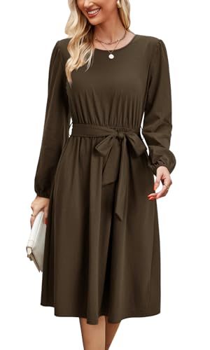 Womens Long Sleeve Casual Dresses 2025 Business Work Teacher Fall Church Belted A Line Flowy Midi Dress