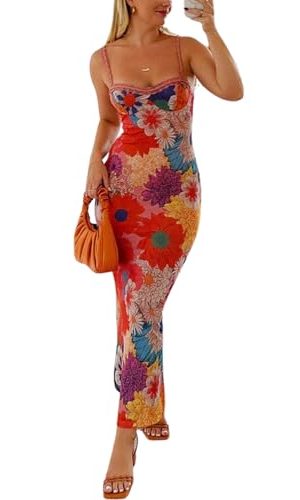 Women Floral Bodycon Maxi Dress 2025 Spaghetti Strap Lace Trim Zipper Long Summer Dress