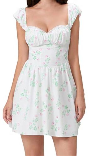 Women's Short Mini Dress Short Sleeve Low-Cut Backless Flower Print A-Line Dress High Waist Vestidos