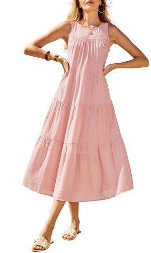 Women's 2024 Summer Midi Dresses Sleeveless Crewneck Beach Boho Casual Loose Long Flowy Tiered Sundress with Pockets