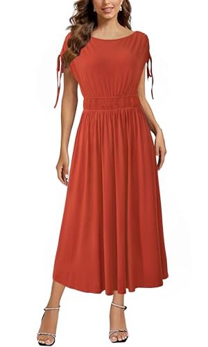 Womens 2025 Summer Drawstring Cap Sleeve Boat Neck Smocked Casual Vacation Outfits Vestidos Midi Dress