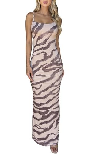 Women’s Spaghetti Strap Lace-up Maxi Dress Zebra Print Sleeveless Bodycon Long Party Dress