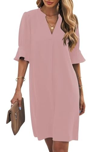 Shift Dress for Women V Neck Short Sleeves Solid Color Casual Flowy Summer Dresses(S-2XL)