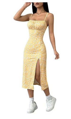 Women's Floral Spaghetti Strap Cami Dress Ruched Bust Slit Midi Dresses