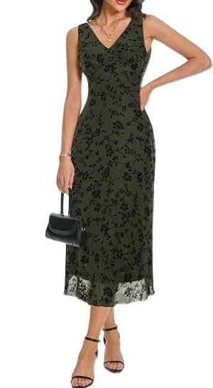 Women's Elegant V Neck Sleeveless Long Dress Double Layers Floral Mesh Maxi Dress Summer Casual Wedding Guest Outfits