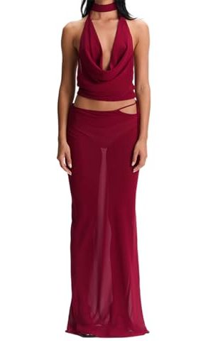 Women Y2k 2 Piece Maxi Skirt Set Boho Floral Slim Fit Tops Mesh Flowy Long Skirt Summer Beach Sheer Outfits