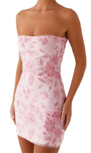 Women's Y2k Beaded Floral Dress Slim Sparkly Sequins Sleeveless Mini Bodycon Dress