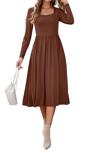 Women's Summer Square Neck Ribbed Knit Short/Long Sleeve A Line Flowy Midi Dress with Pockets