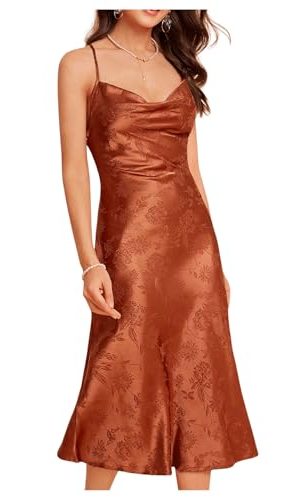 Women's Spaghetti Strap Cowl Neck Long Slip Satin Silk Midi Dress