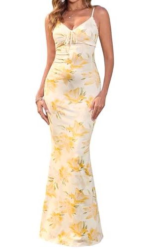 Women's Summer Floral Bodycon Maxi Dress Sexy V Neck Spaghetti Strap Lace Wedding Guest Party Casual Long Dresses