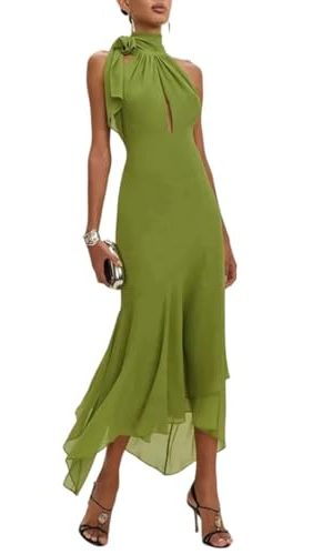 Woman Elegant Tie-Up Ruffle Irregular Sexy Solid Slim Fit Long Backless Hollow Party Dress