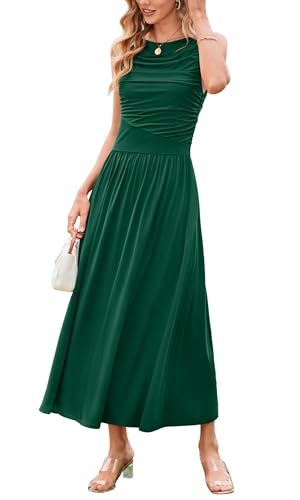 Women 2025 Summer Maxi Dresses Vacation Ruched Boat Neck Tank Flowy Elegant Party Long Formal Dress Pockets