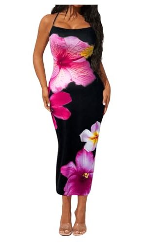 Women's Floral Halter Dress Spaghetti Strap Backless Cami Summer Maxi Dress