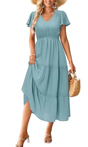 Women's 2025 Summer Boho Maxi Dresses Flutter Short Sleeve V Neck Casual Beach Wedding Guest Vacation Long Dress