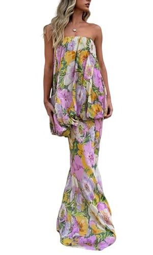 Women Sexy Strapless Printed Maxi Sleevless Slim Fit Tiered Chic Casual Holiday Dress
