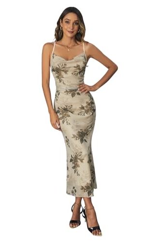Women's Floral Print Cami Dress Cowl Neck Spaghetti Strap Bodycon Party Long Dresses