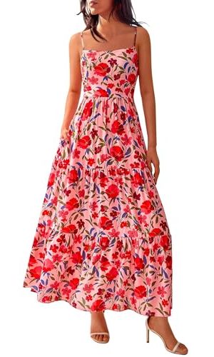 Women's Summer Dress 2025 Casual Floral Boho Maxi Dresses Sleeveless Spaghetti Strap Long Beach Sun Dresses