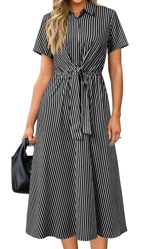 Womens Wear to Work Teacher Business Casual Outfits Long Dresses Tie Waist Shirt Dress Attire with Pockets