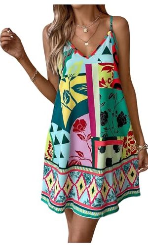 Women's Floral Print Cami Dress Spaghetti Strap V Neck Tunic Dress