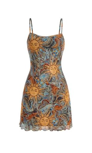 Women's Vintage 90s Mini Dress Spaghetti Strap Boho Mesh Short Dresses