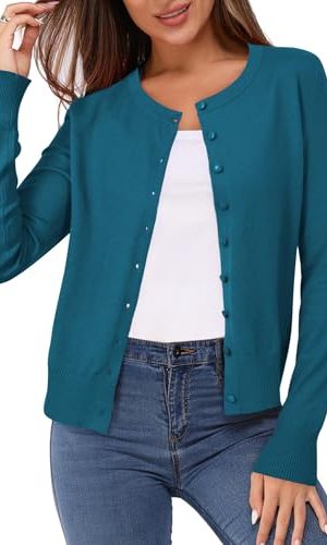 Women's Lightweight Button Down Cardigan Long Sleeve Casual Crew Neck Soft Knit Cardigans Sweater Tops