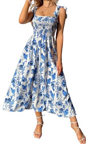 Women's Summer Floral Dresses 2025 Beach Vacation Casual Blue and White Long Maxi Sundresses