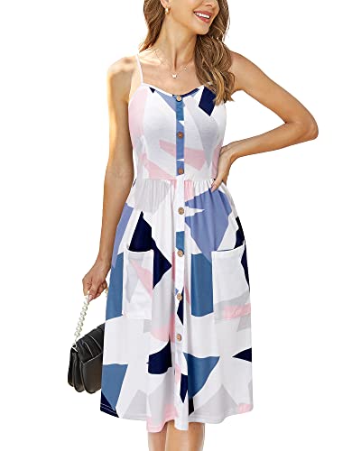 Women's Summer Casual Sundress Button Sleeveless Spaghetti Strap Dress