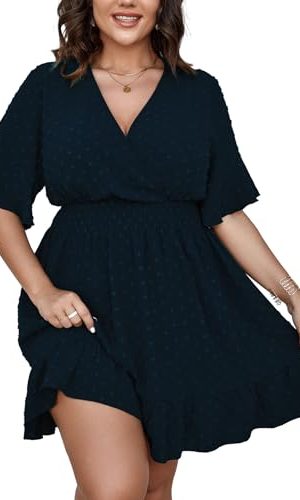 Plus Size Casual Summer Dress for Women Swiss Dot Wrap V Neck Ruffle Sleeve Smock Boho Mini Dress