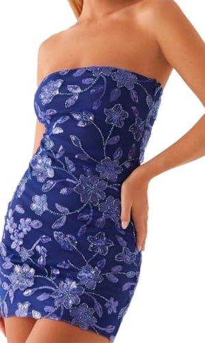 Women's Y2k Beaded Floral Dress Slim Sparkly Sequins Sleeveless Mini Bodycon Dress