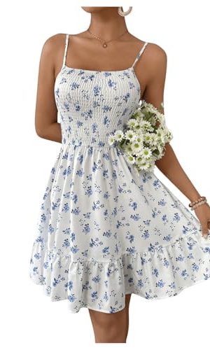 Women's Summer Floral Mini Dress Smocked Ruffle Spaghetti Strap Flowy Boho Cami Dress