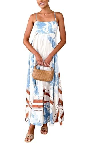 Women's Bohemian Floral Print Back Smocked Maxi Dress Sexy Spaghetti Strap Ruffle Swing Beach Long Dress