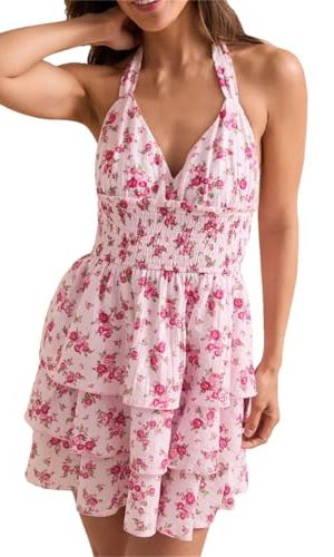 Women's Print Dropped Shoulders Short Mini Dresses Backless Tie-Up High Waist Pleated Dress