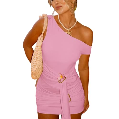 Women's Slant Shoulder Set - Metal Button Top & Short Dress Summer