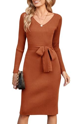 Womens 2025 Sweater Dress Long Sleeve Fall Midi Ribbed Knit Winter Belted Bodycon Dresses Work Clothes