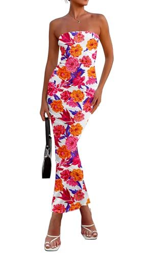 Women's 2025 Summer Floral Bodycon Maxi Dresses Ribbed Strapless Tube Casual Boho Party Long Dress