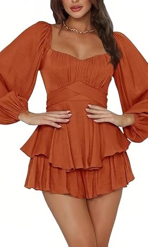 Women's Lantern Short Romper - Long Sleeve Ruffle Layer Mini Dress Waist Tie Jumpsuit