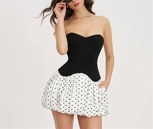 Women's Strapless Polka Dress - Dot Patchwork Ultra Short Holiday Party