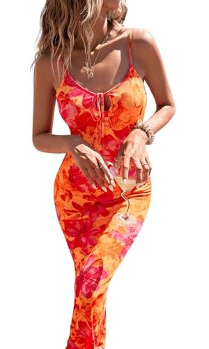 Women's Floral Print Tie Dye Spaghetti Strap Backless Fitted Cami Pencil Dress Summer Boho Maxi Slip Dresses