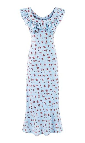 Women's Print Slim Long Dress Ruffle Square Collar Sleeveless Midi Dresses Casual A-Line Vestido