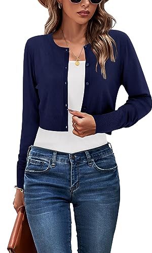 Cropped Cardigan Sweaters for Women 2025 Crew Neck Button Down Open Front Knit Bolero Shrugs