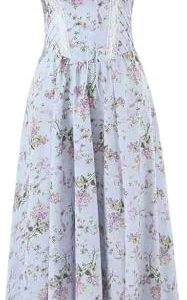 Women's Lace Spliced Floral Print Vacation Dress Sexy Square Neck Spaghetti Straps Slim Fit Midi Dresses