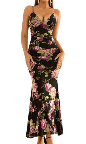 Women's Floral Wedding Guest Formal Maxi Dress Bodycon Spaghetti Strap V Neck Elegant Cocatail Dresses