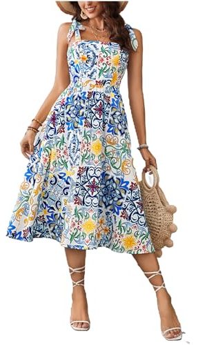 Women's Floral Print Tie Strap Square Neck Ruffle Boho Maxi Dress