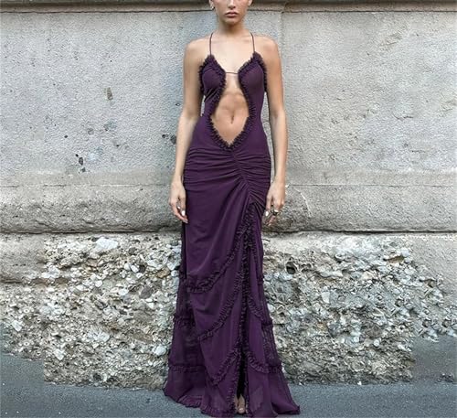 Women's Furry Halter Dress - Hollow Camisole Split Wave Prom Gown