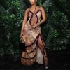 Women's Furry Halter Dress - Hollow Camisole Split Wave Prom Gown