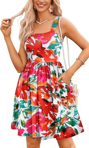 Women's Summer Dress Floral Square Neck Sleeveless Casual Dress with Pockets A-line Swing Mini Dresses Sundress