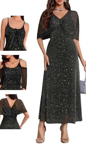 Women Sequin Formal Party Dress Cocktail Evening Gown Wedding Dresses with Shawl