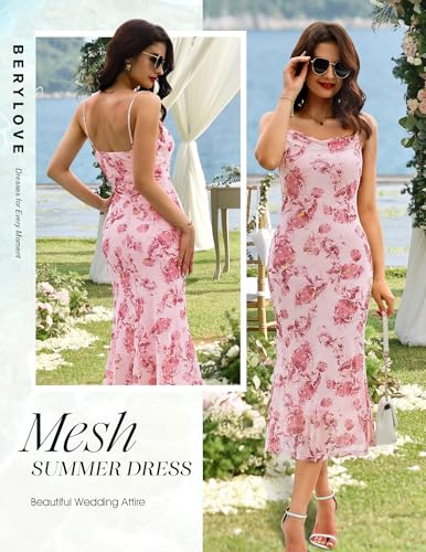 Women Summer Floral Mesh Wedding Guest Cocktail Spaghetti Strap Dress