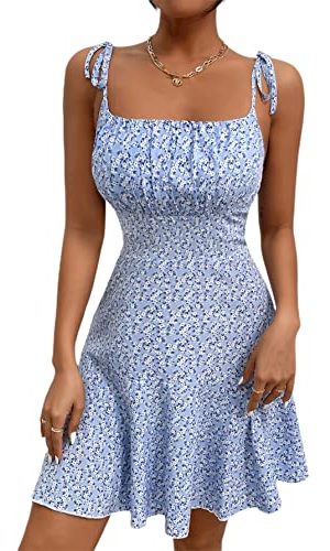 Women's Floral Print Cami Dress Tie Shoulder Sleeveless Flared Dresses